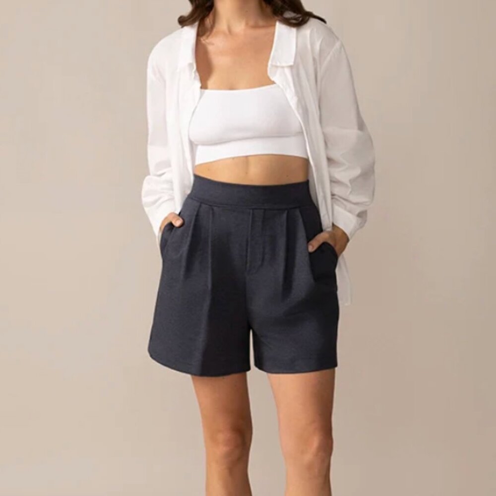 RACHEL - Pleated Ease Knit OTK Short in Heather Lake - XS